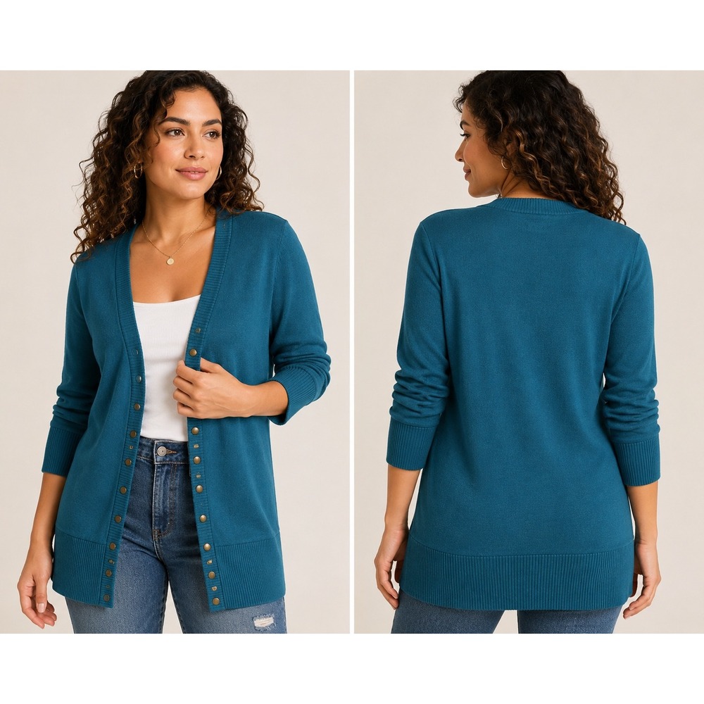Zenana Outfitters Teal Snap Front Cardigan Large V Neck Ribbed Y2K Boho